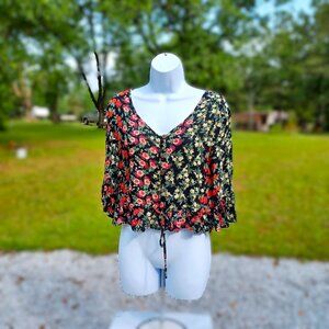 Floral Black Multicolor Cropped Blouse By Patrons Of Peace V-Neck Button Front B